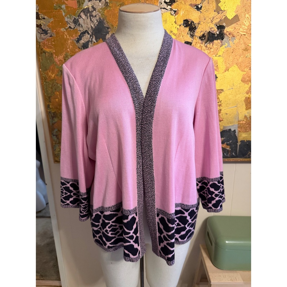 Misook Pink Black Abstract Knit Open Front Jacket Cardigan 1X Plus Size